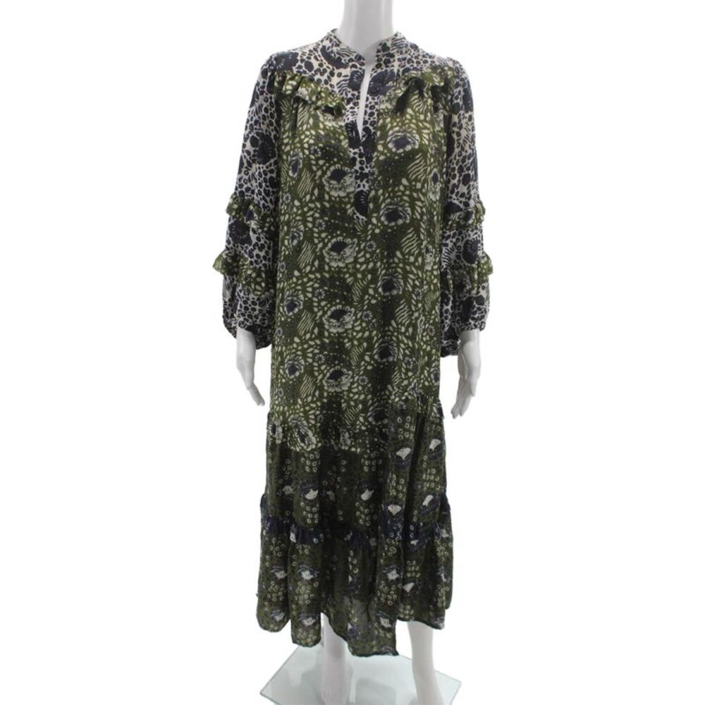 Apiece Apart Women Kaftan Maxi Dress Black Floral V-Neck Long Sleeve Size 2